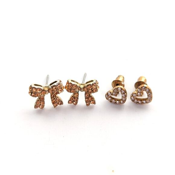 Vintage Pink Rhinestone Cute Dainty Heart and Bow Feminine Stud Post Earrings - Picture 1 of 4